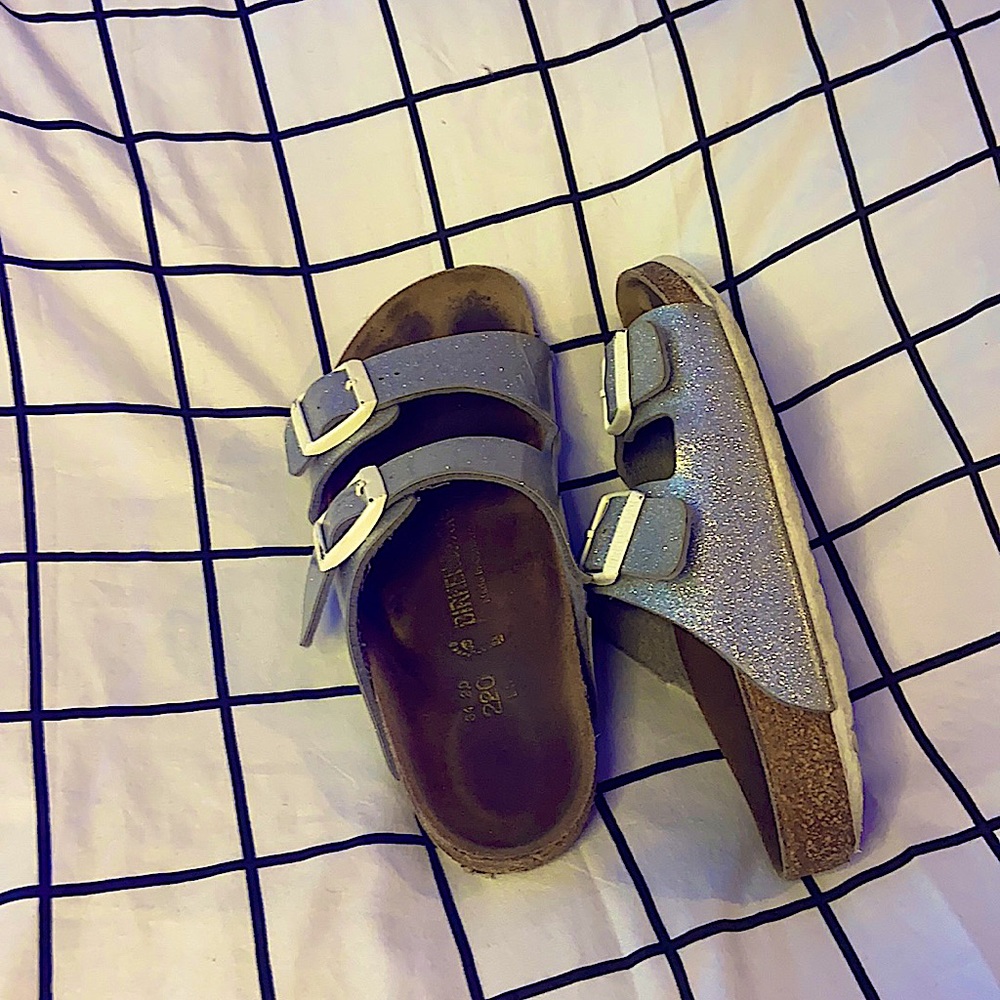 Silver Birkenstock sandals shimmery